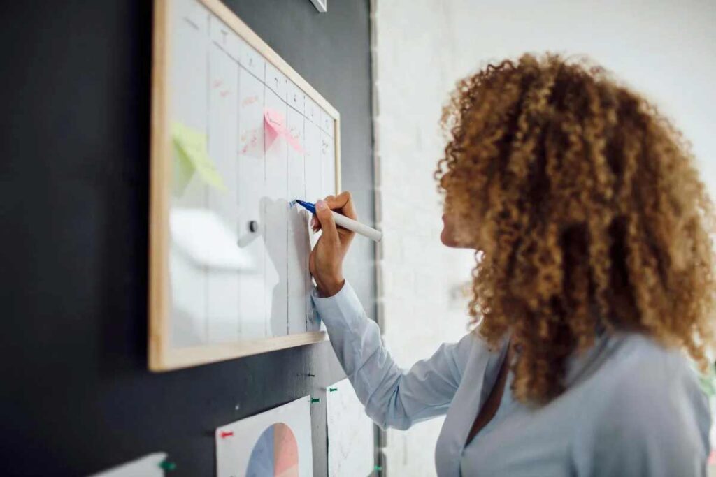 woman writing on a white board